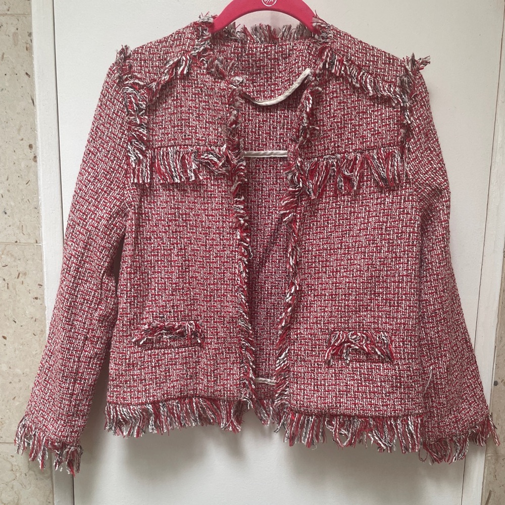 Red Tweed Frayed Edge Women's Jacket